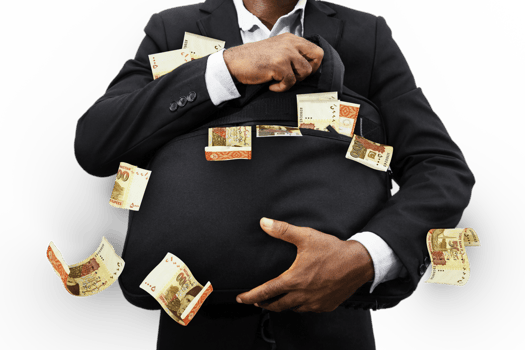 Black Businessman holding black bag full of Pakistani Rupee notes isolated on transparent background, money falling from bag png