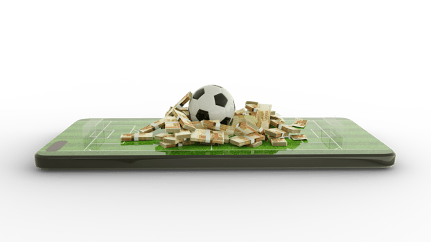 3d rendering of Mobile phone Soccer betting. Football and Pakistani Rupee notes on phone screen. Soccer field on smartphone screen isolated on transparent background. bet and win concept png