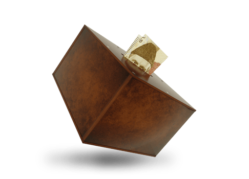 Pakistani Rupee notes inside wooden savings box. Generic savings Bank, Penny Bank, Money Box. 3d rendering png
