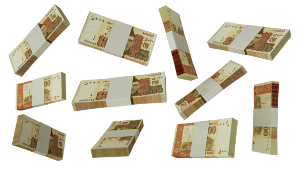 3D rendering of stacks of Pakistani Rupee notes flying in different angles and orientations isolated on transparent background png