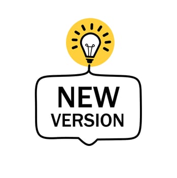New version banner design. Badge with lightbulb icon. Modern vector illustration.