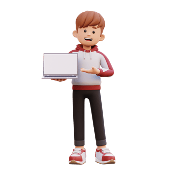 3d male character holding and presenting to a laptop with empty screen png
