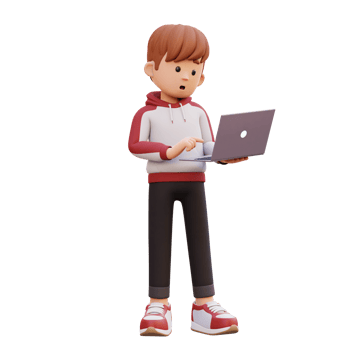 3d male character standing confused working on a laptop png