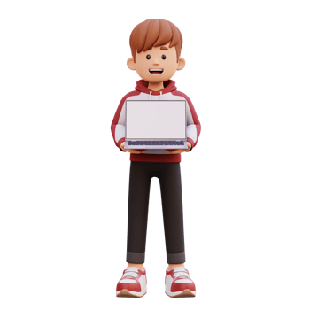 3d male character holding and presenting a laptop with empty screen png