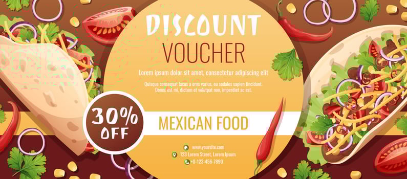 Discount voucher, mexican food template design. Coupon with tacos with pepper meat, cheese. Banner, poster, flyer, advertising for a restaurant vector