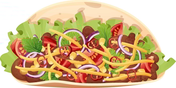 Tasty Mexican is on an isolated background.Traditional Mexican food Tortilla with filling. Corn cake with meat with tomatoes, cheese, salad, pepper, onion, guacamole sauce. vector