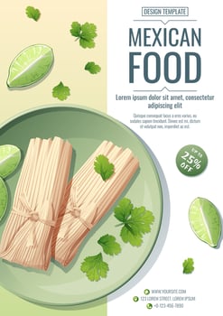 Mexican food flyer template. Tamales with salsa. Vector illustration of traditional mexican food. Discount poster, banner flyer for cafe and restaurant