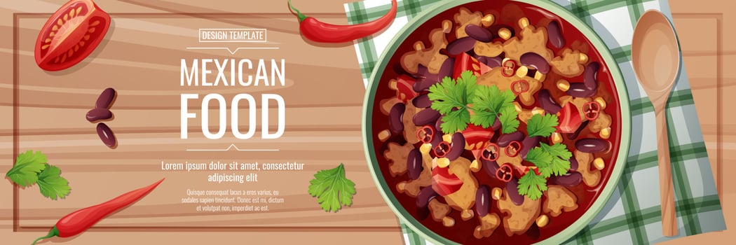 Horizontal banner with bean soup. Delicious dish with kidney beans, meat, corn, tomatoes and chili peppers.Traditional Mexican food vector