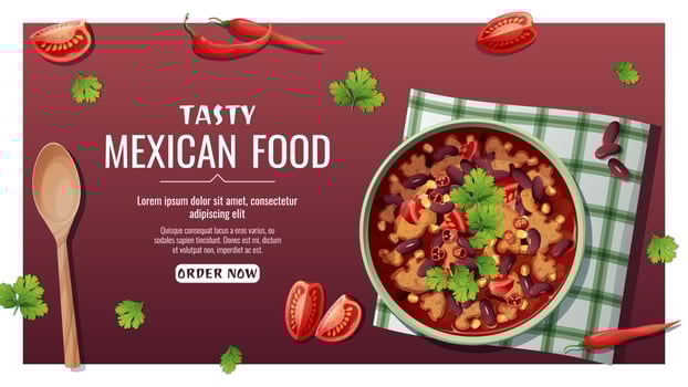 Banner with kidney bean soup with meat, chili pepper. National Mexican food. Tasty and healthy food, cooking, menu. Online food order vector