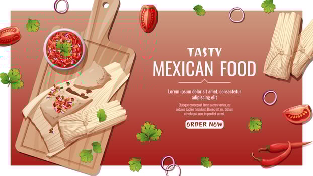 Banner with tamales with salsa sauce. National Mexican food. Tasty and healthy food, cooking, menu. Online food order vector