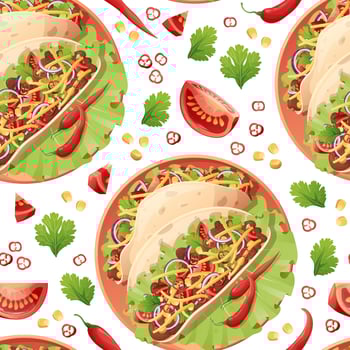 Seamless pattern with tacos. Texture with traditional mexican food. Great for wallpapers, menu decor, restaurants vector