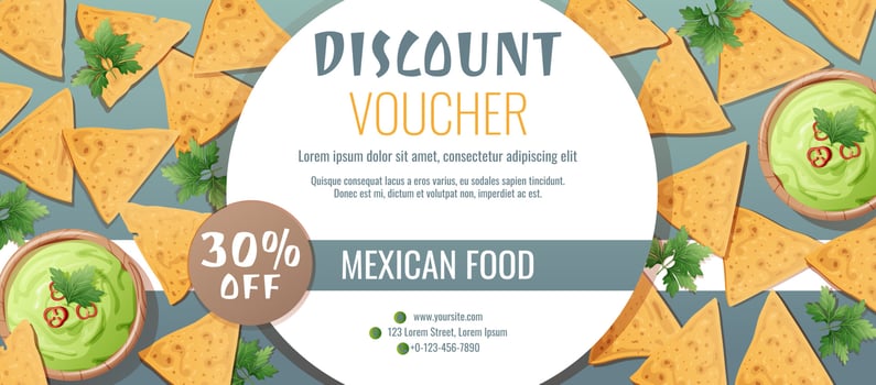 Discount voucher, mexican food template design. Coupon with nachos and guacamole sauce. Banner, poster, flyer, advertising for a restaurant vector