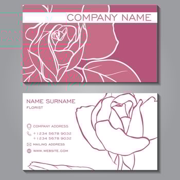 Business card template. Floral pattern on a lilac background. Line art roses. Vector design editable