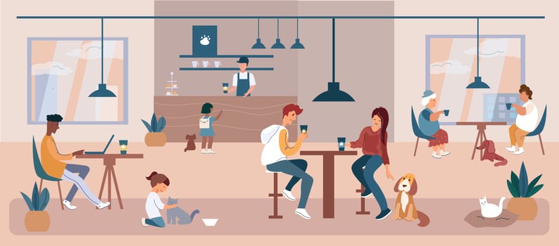 There are a lot of people, dogs and cats in the friendly pet cafe. Flat vector cartoon illustration