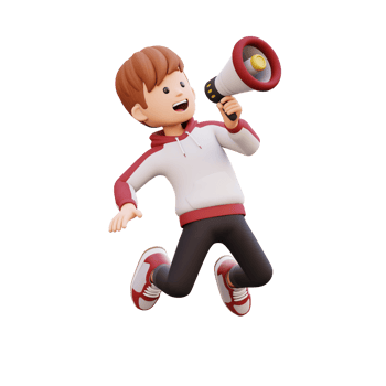 3d male character jumping and holding a megaphone png