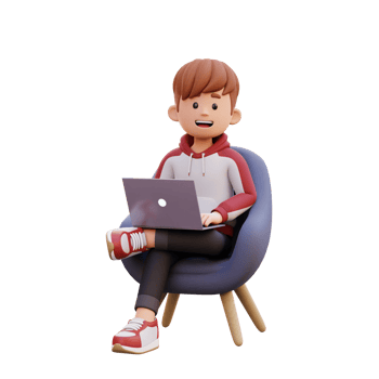 3d male character sitting on a sofa and working on a laptop png