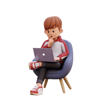 3d male character sitting on a sofa and working on a laptop with thinking pose png