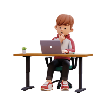 3d male character thinking and working on a laptop png
