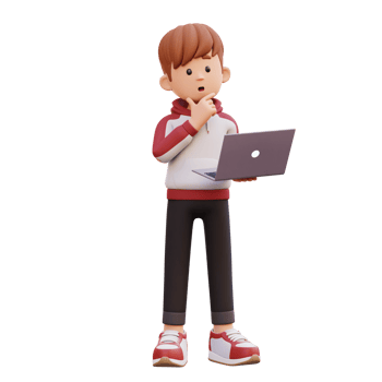 3d male character thinking and working on a laptop png