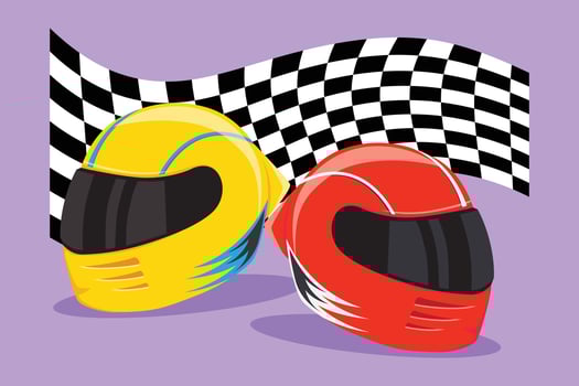 Cartoon flat style drawing motor racing helmet with closed glass visor and flag. For car and motorcycle sport, race, motocross or biker club, motorsport competition. Graphic design vector illustration