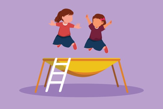 Graphic flat design drawing two little girl jumping on trampoline together. Happy kids jumping on round trampoline. Active children outdoors games at amusement park. Cartoon style vector illustration
