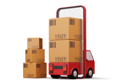 Delivery car with phone and parcel box, transport vehicle, 3d rendering png