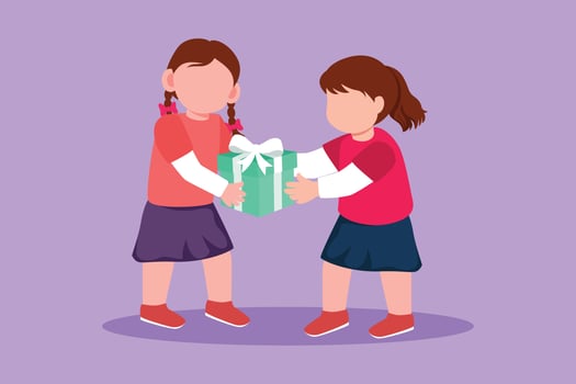 Cartoon flat style drawing little girl giving her friend birthday ribbon bow gift box. Children excited receiving gift from friend. Child hand over holiday present. Graphic design vector illustration