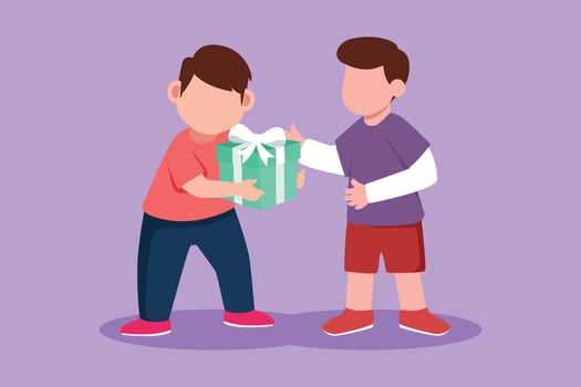 Graphic flat design drawing little boy giving his friend birthday ribbon bow gift box. Children excited receiving gift from friend. Child hand over holiday present. Cartoon style vector illustration