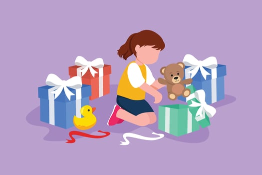 Cartoon flat style drawing excited little girl opening wrapped gift box decorated with ribbon bow. Happy cute little kids girl receive teddy bear gift from birthday. Graphic design vector illustration