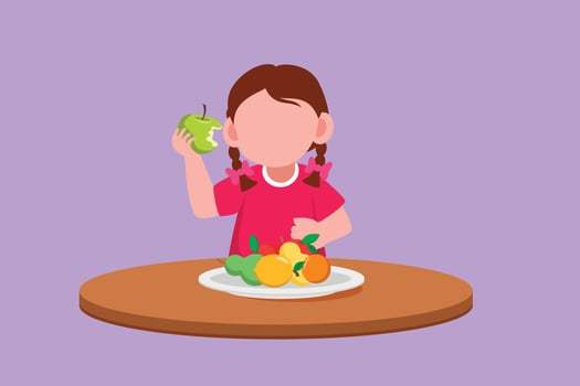 Character flat drawing pretty little girl eating fruit. Sitting near table eat orange. Watermelon and banana in tray placed on table at home. Healthy food for kids. Cartoon design vector illustration