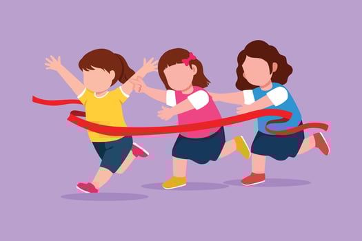 Character flat drawing of children in athletics competitions. Happy little girls run in stadium and finish. Adorable kids came running first and won. Sport activity. Cartoon design vector illustration