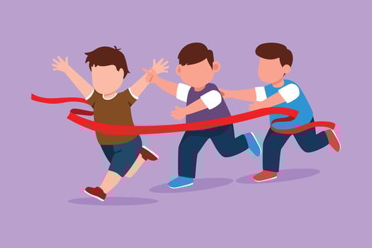 Cartoon flat style drawing children in athletics competitions. Happy little boys run in stadium and finish. Adorable kids came running first and won. Sport activity. Graphic design vector illustration