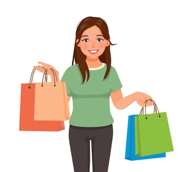Young woman holding colorful shopping bags paper vector