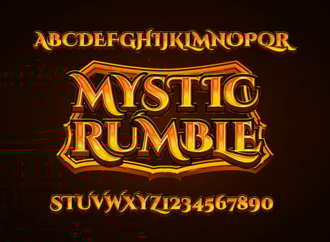 fantasy golden mystic rumble medieval rpg game logo text effect with frame border vector