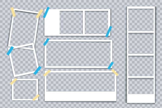 Photo booth picture frames. Vintage white empty, instant photos and photographs strips vector illustration Collection