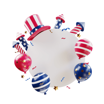 4th of july white frame with american hat firecrackers and balloons png