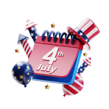 4th of july calendar with balloons firecrackers and hat 3d illustration png