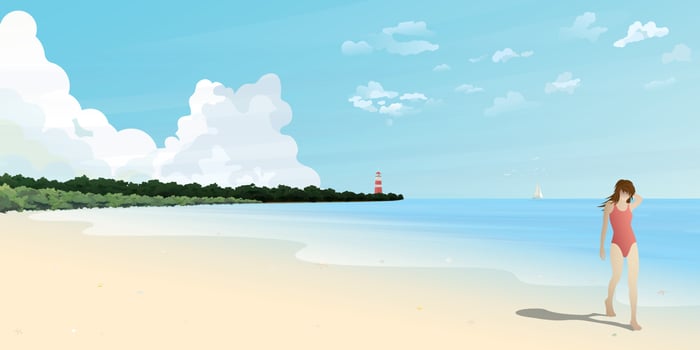 Seascape with woman walking on the beach vector illustration have blank space at the sky. Seaside landscape with tourist, ocean coast, lighthouse and yacht flat design.