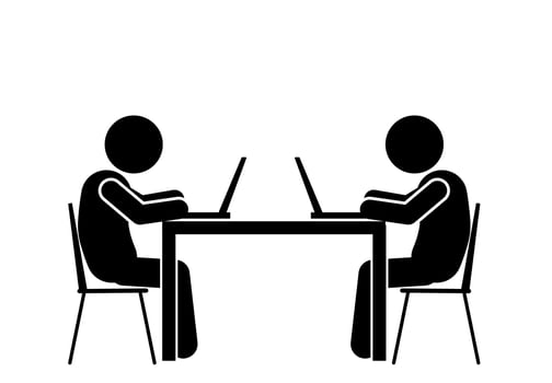 People work at computers and laptop. stick figure and pictogram. vector