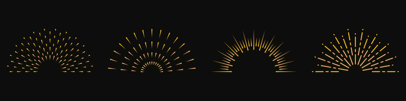 Radial Sunburst, Vintage Decoration Icon Set. Round Ray Symbol Collection. Abstract Firework, Sparkle Sunbeam, Sunrise Light Pictogram. Starburst, Circle Sun Burst. Isolated Vector Illustration.