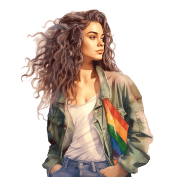 Attractive Woman Activist With Rainbow Flag On Her Jacket Pose Celebrate Pride Day, LGBTQ, Same-Sex Relationships and Homosexual Concept png