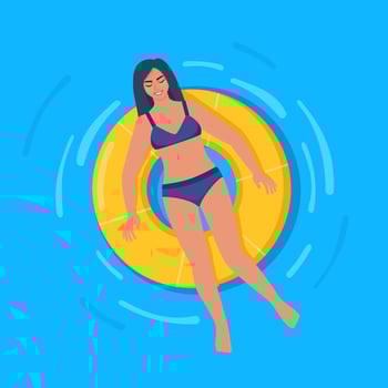 Happy woman in swimsuit floating on rubber ring in swimming pool or in the sea. Relaxation, enjoying life concept. Vector Illustration.