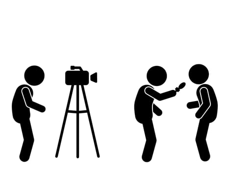 Journalist interviews ,reporter, cameraman, stick figure vector