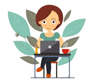 Woman sitting with laptop. Concept of freelancing, work, studing from home. Flat style vector illustration.