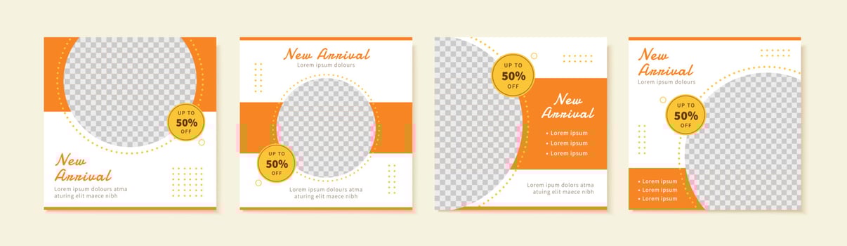 A set of simple social media template design in orange and white background color, creating a fresh, sophisticated, young, and warm atmosphere, suitable for sales, business promotion vector