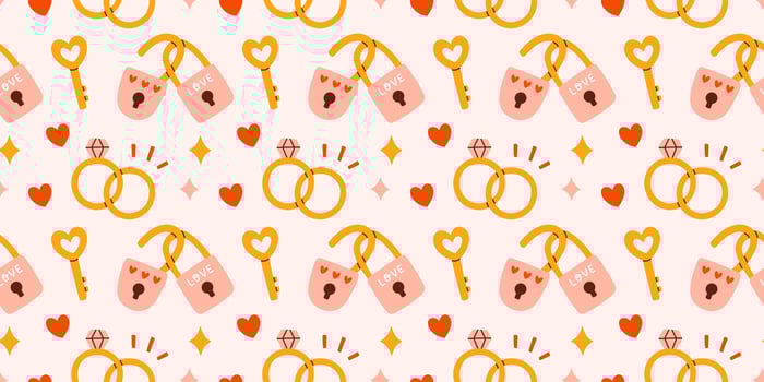 Cute Valentines day seamless pattern. Wedding ring, love lock and keys. Vector illustrations for valentines day, stickers, greeting cards, etc.