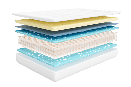 3d layered sheet material mattress with air fabric, pocket springs, natural latex, memory foam isolated. 3d render illustration png
