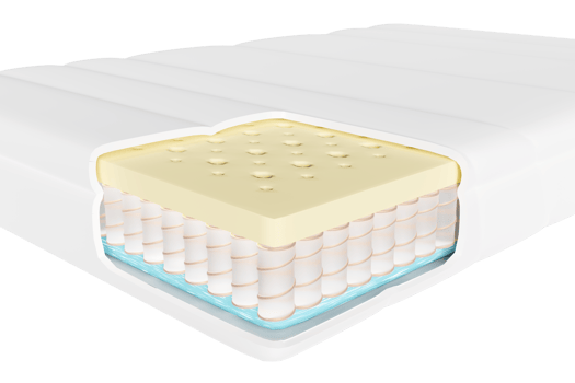 3d layered sheet material mattress with air fabric, pocket springs, natural latex, memory foam isolated. 3d render illustration png