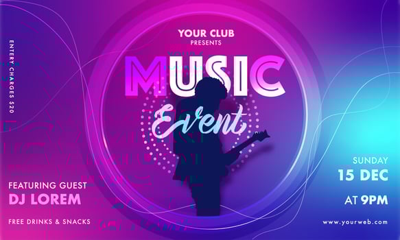 Music Event Invitation, Flyer or Banner Design with Silhouette Singer Playing Guitar on Gradient Abstract Background and Event Details. vector