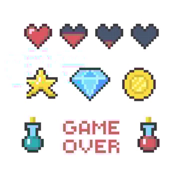 Cartoon Color Pixel Game UI Button Icon Set . Vector